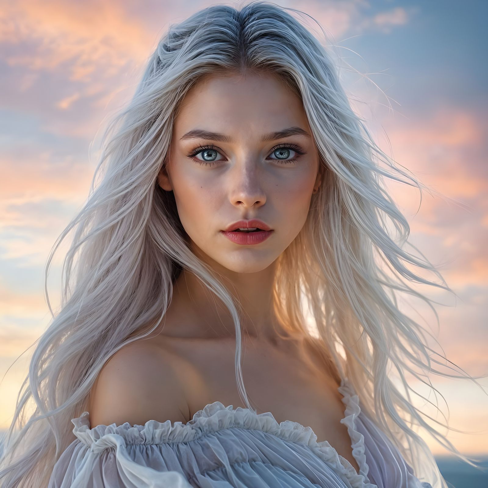 Ethereal Woman Portrait with Cloud Hair, Digital Art