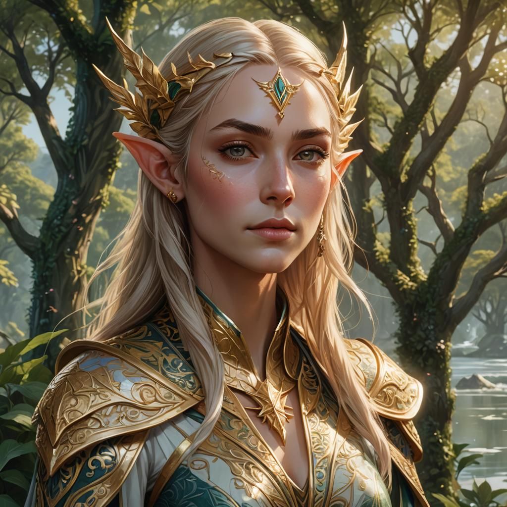 Golden Elf Portrait in Lush Summerset Landscape