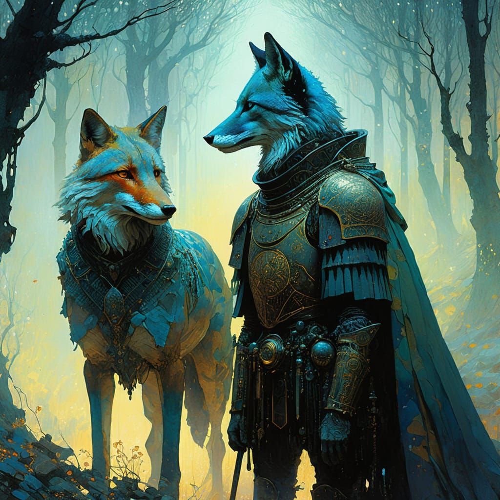 Armored Foxes in Dreamy Landscape, Detailed Matte Painting