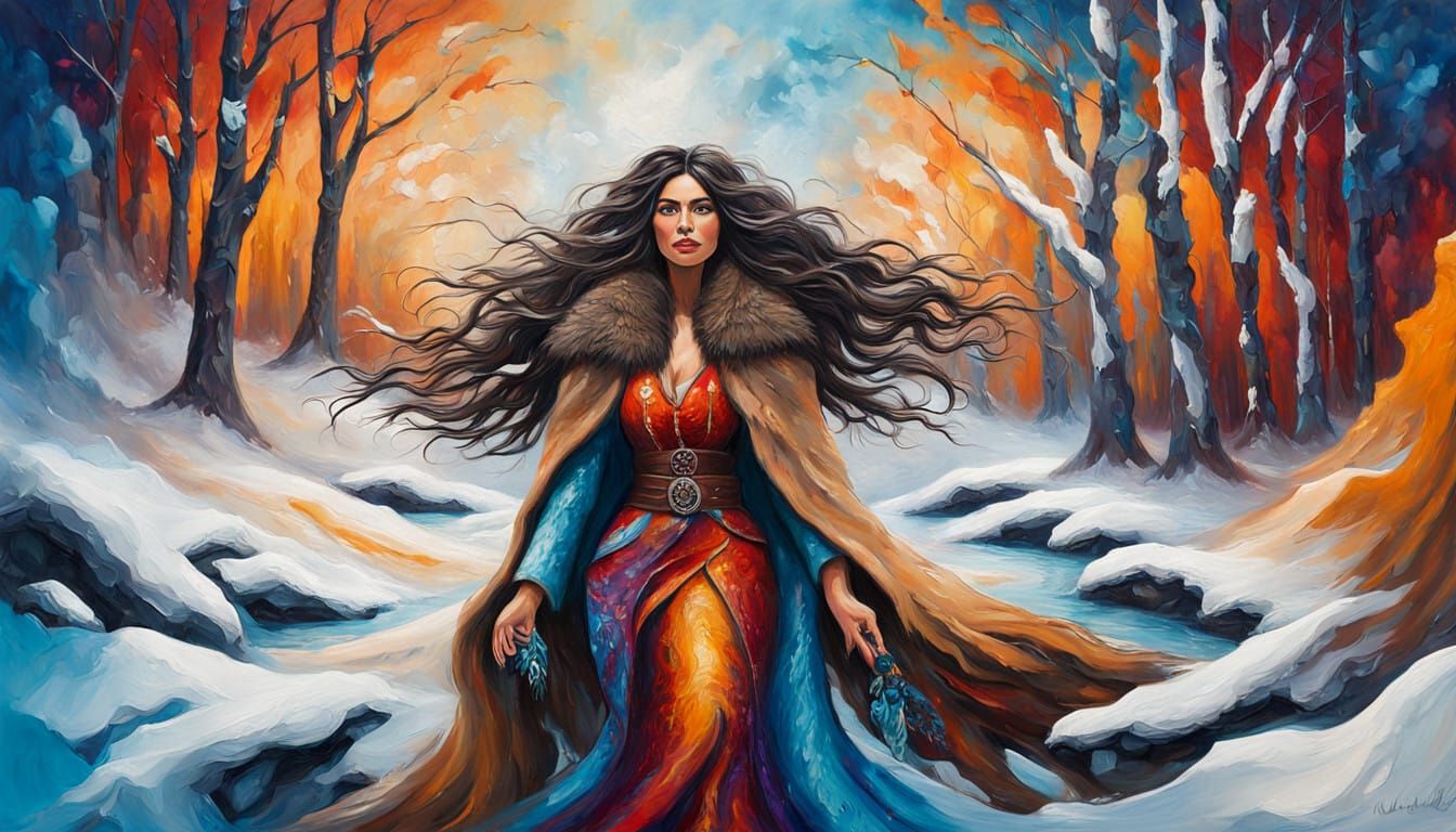 Latina Druid in Winter Wonderland Impasto Painting