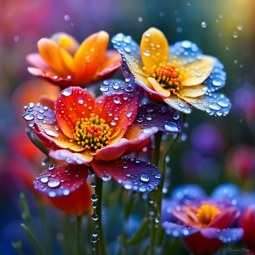 Blooming Flowers with Dew Drops, Fantasycore Art