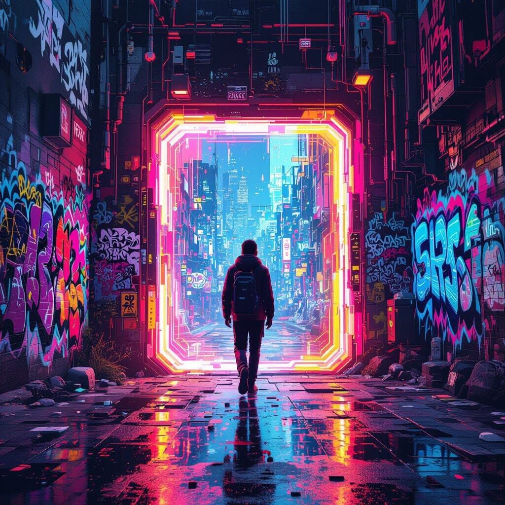 Person Enters Glowing Tech Portal Amidst Futuristic Cityscap...