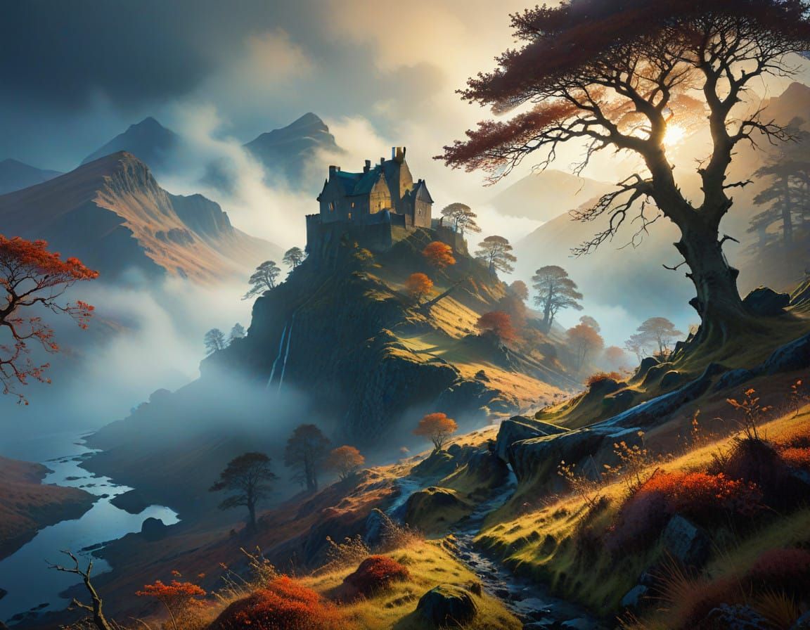 Autumn Dawn in Scottish Highlands Landscape