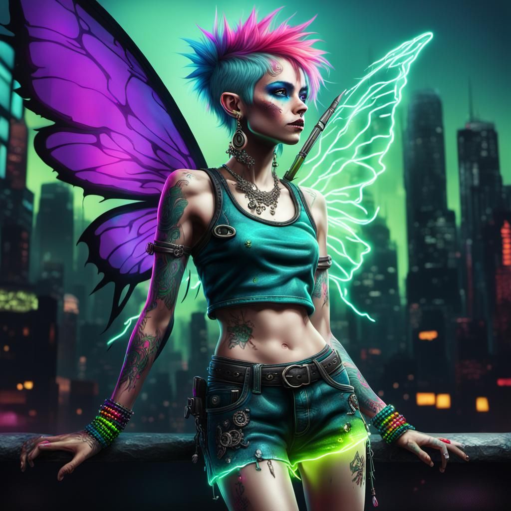 Punk Fairy in Neon City, Hyperrealistic Splash Art