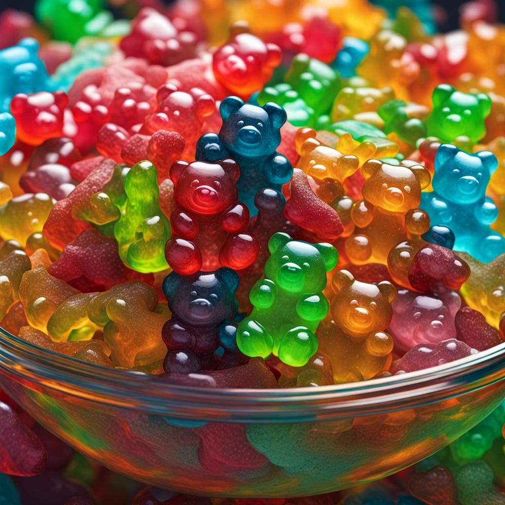 Bioluminescent Gummy Bears in Watercolor Graffiti Style