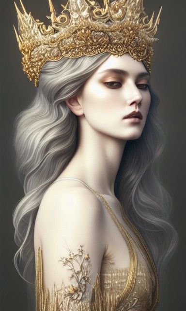 Sultry Priestess with Silver Hair and Golden Crown