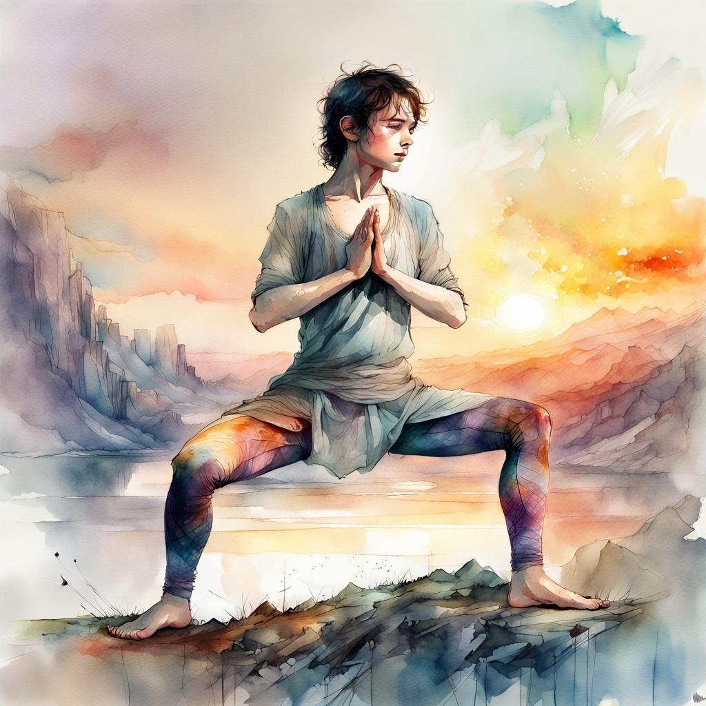 Hobbit Yoga in Watercolor Fantasy Landscape