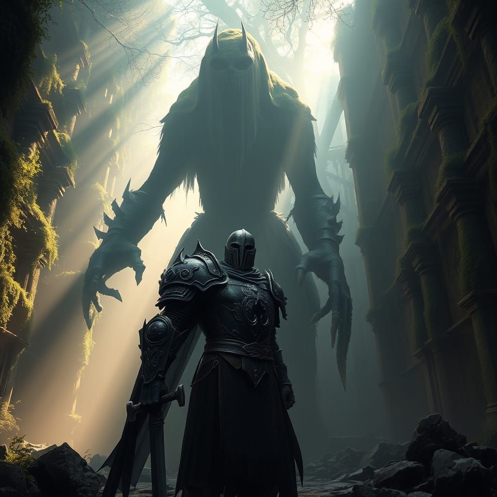 Knight Confronts Golem in Misty Ruins