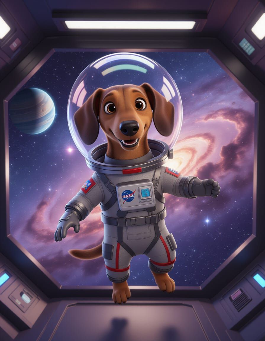 Dachshund Astronaut in Space: Pixar-Inspired 3D Animation