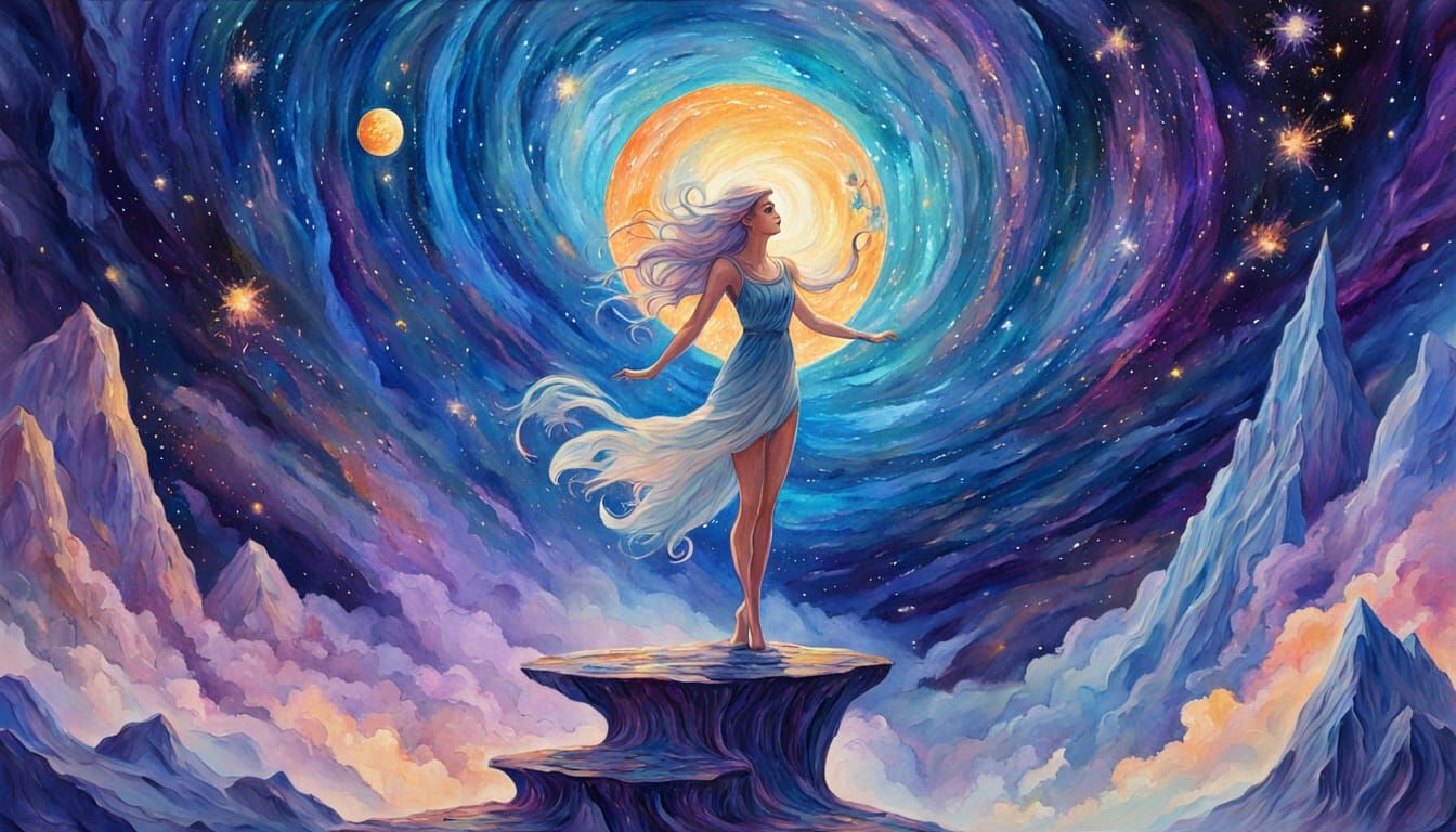 Elf Woman & Unicorn in Nebula, Gouache & Watercolor Style