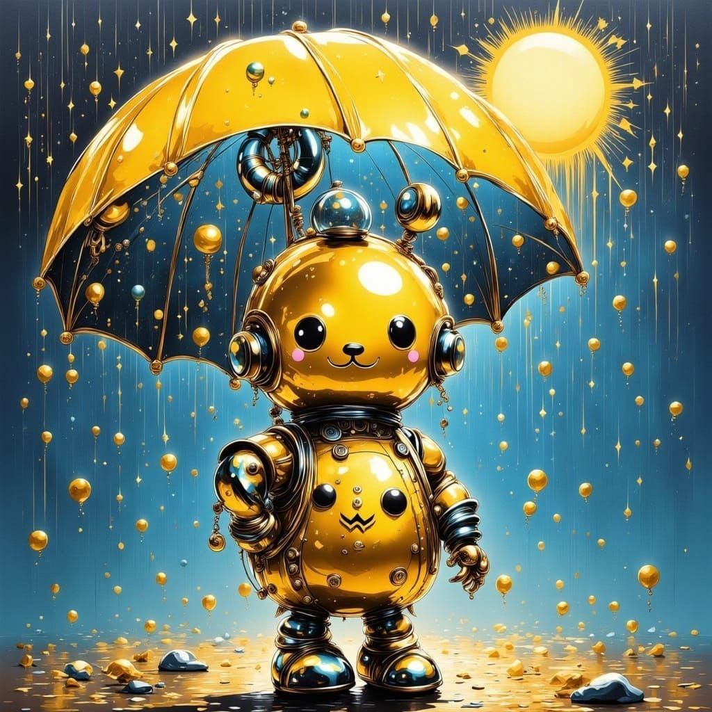 Yellow Robot in Rainstorm with Sun