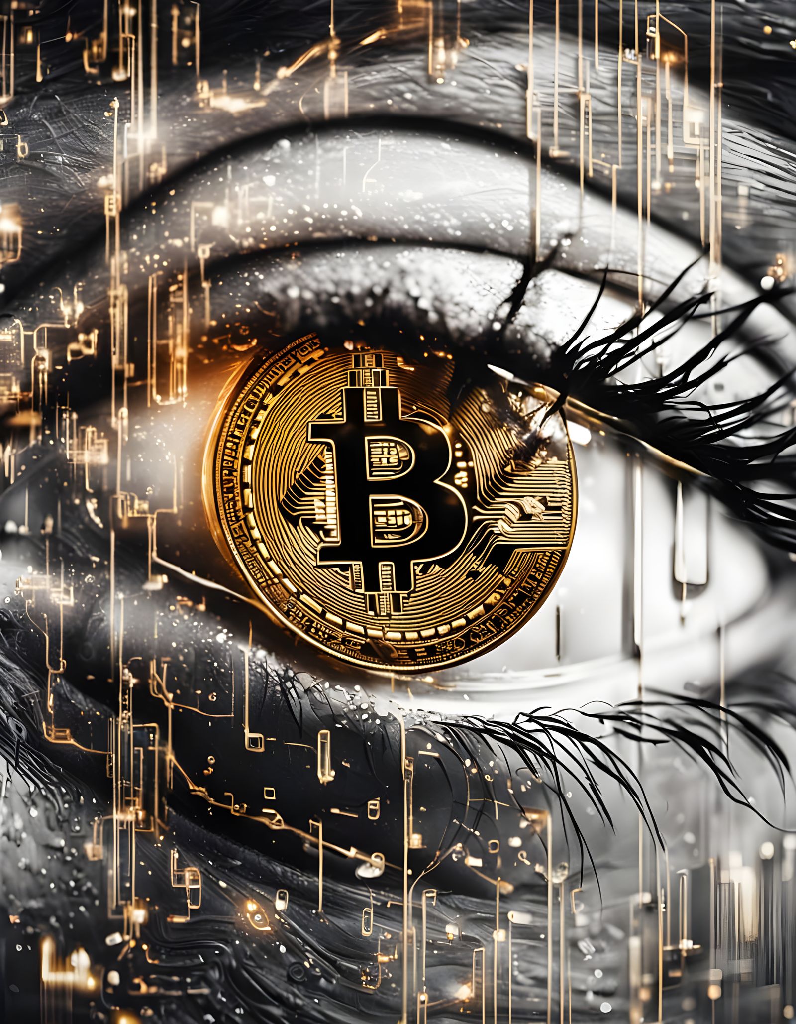 Eye Reflects Bitcoin in Double Exposure Photography