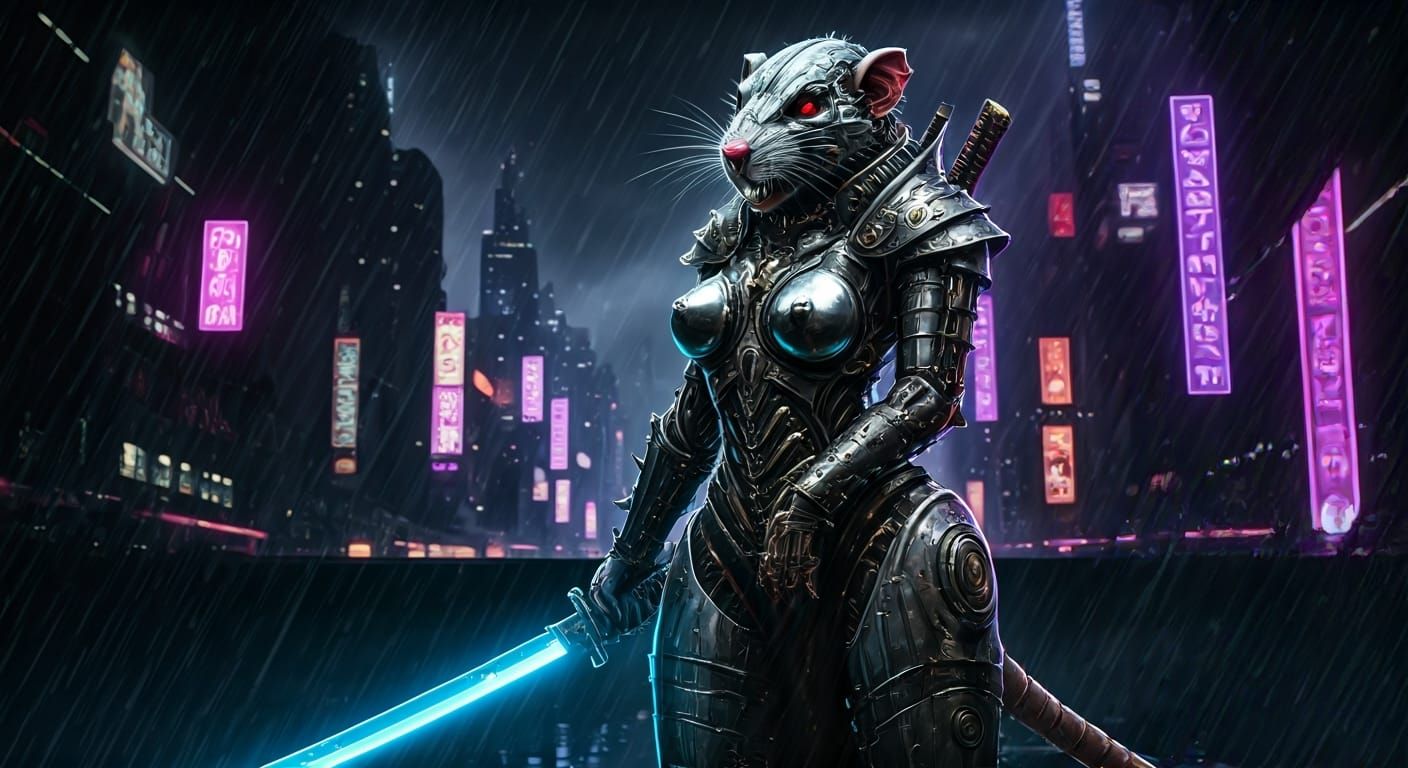 Cyberpunk Skaven Warrior in Rain-Soaked City