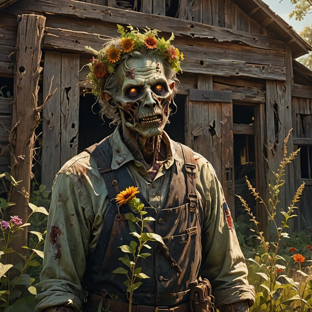 Zombie Farmer with Flowers, Matte Painting Style