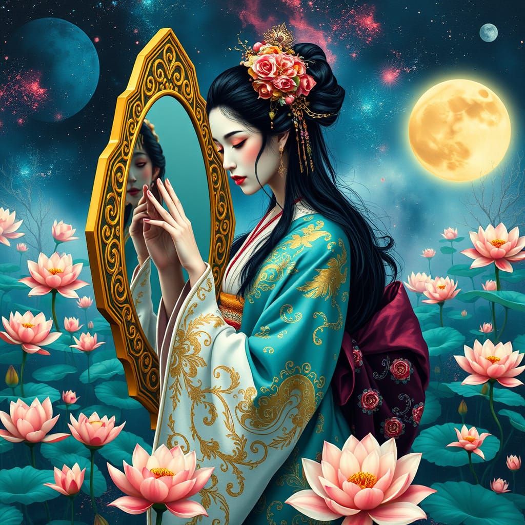 Geisha Touches Reflection in Lotus Pond Under Cosmic Sky