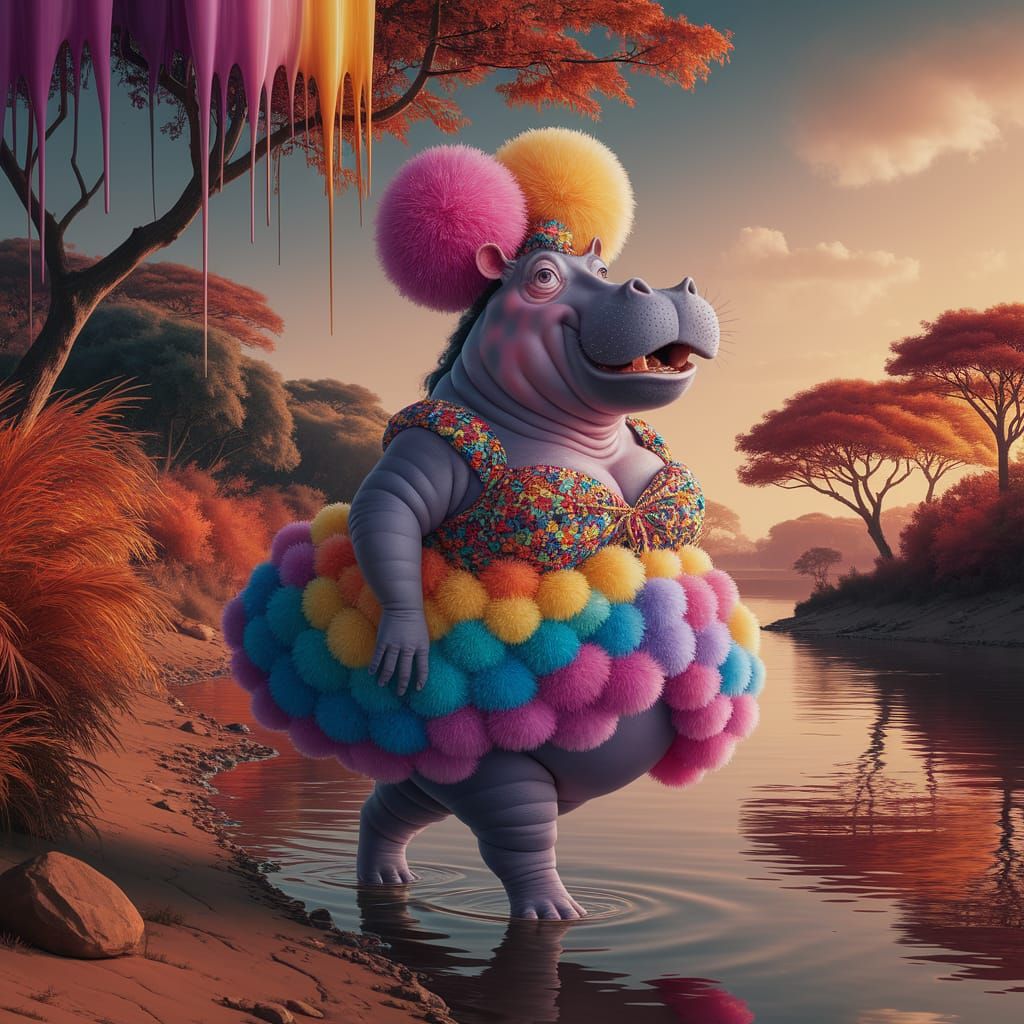 Whimsical Hippo in Pompom Dress, Surreal Digital Art