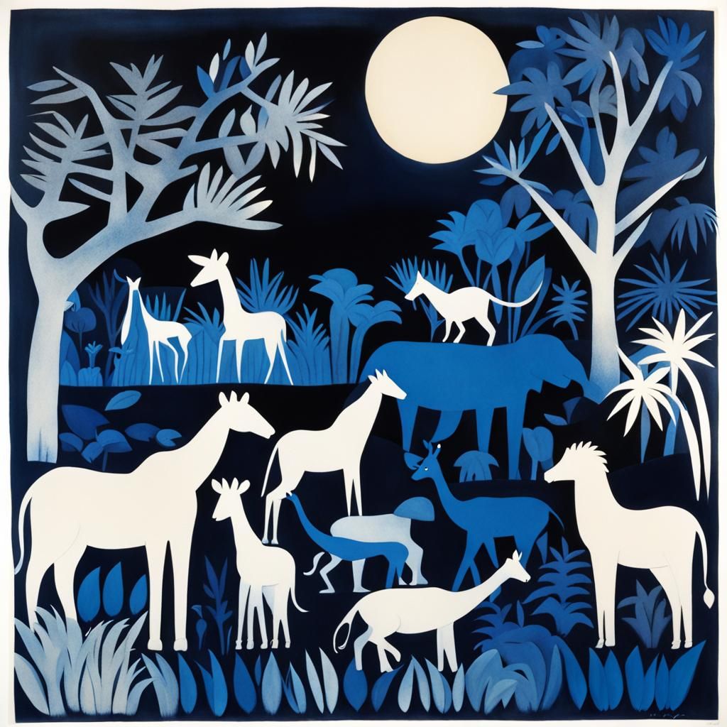 Vibrant Midnight Safari Animals in Cyanotype Style