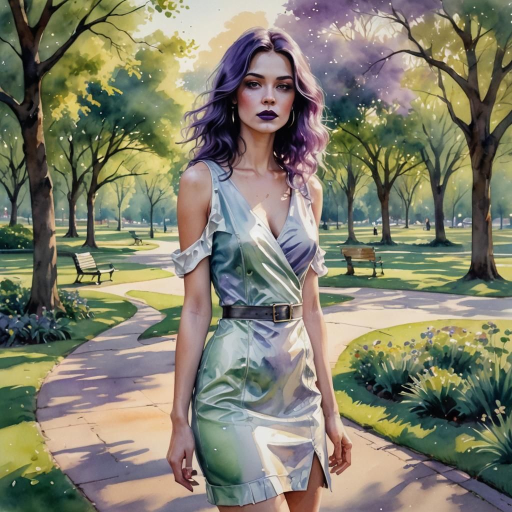 Beautiful Woman with Purple Lips in Watercolor Fantasy
