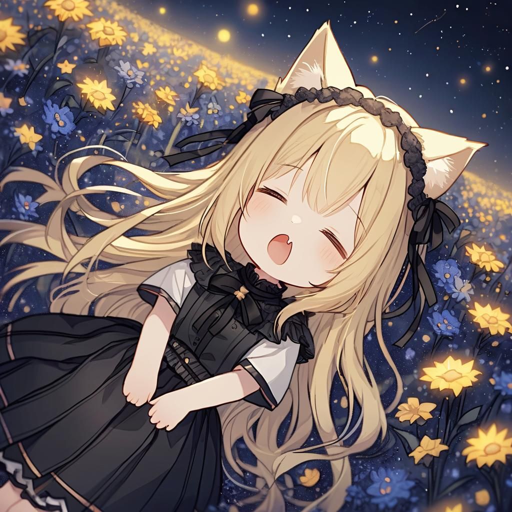 Adorable Chibi Catgirl Sleeping Under Starry Sky