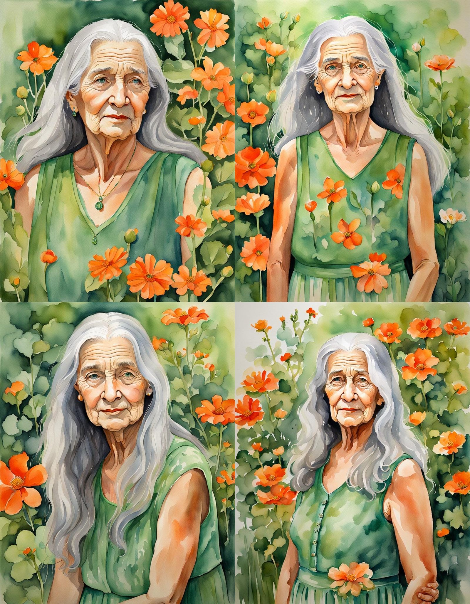 Watercolor Portrait of Older Woman in Flower Garden