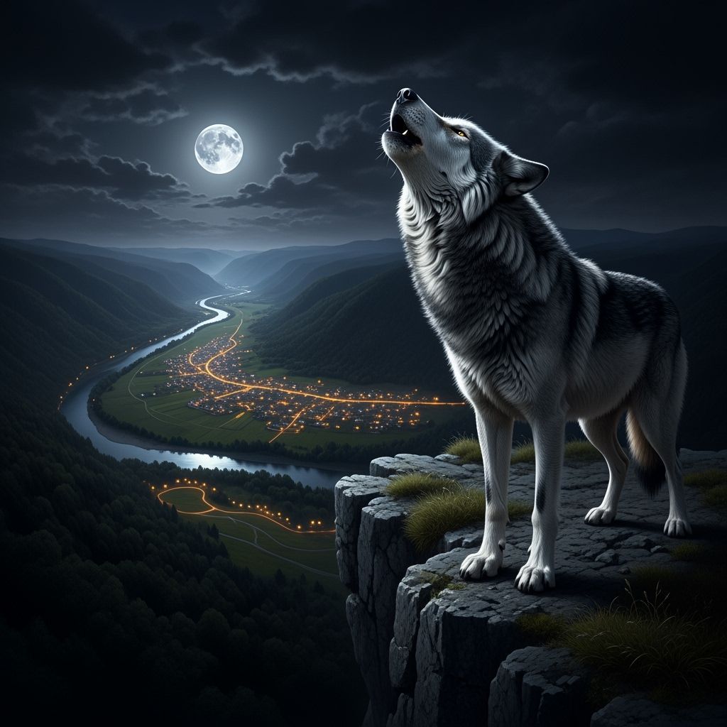 Wolf Howling at Moon Over Sparkling Valley