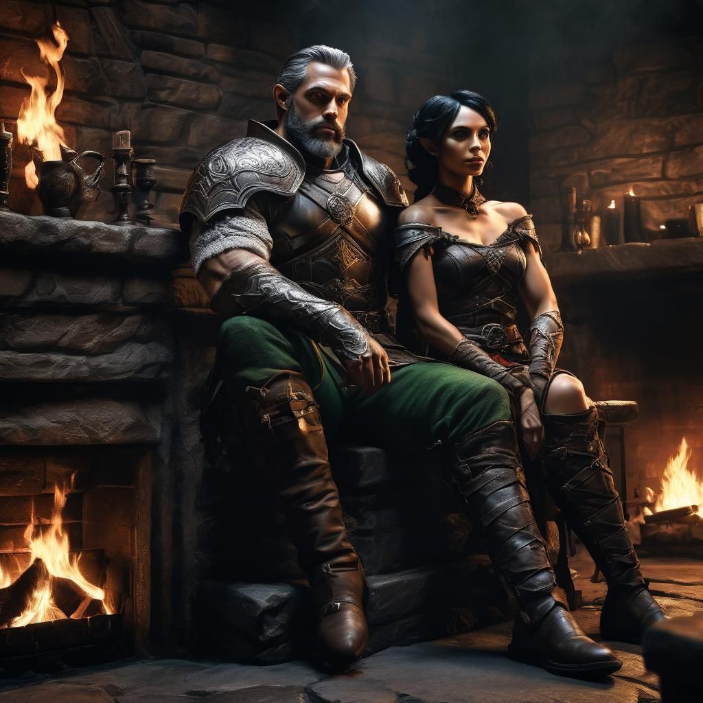 Elven Couple by Firelight in Comic Book Style