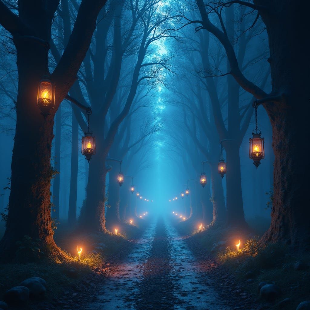 Enchanted Forest Road in Ethereal Glow