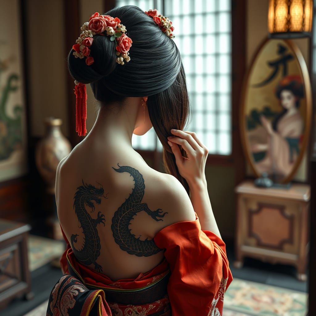 Geisha with Dragon Tattoo in High-Contrast Realism