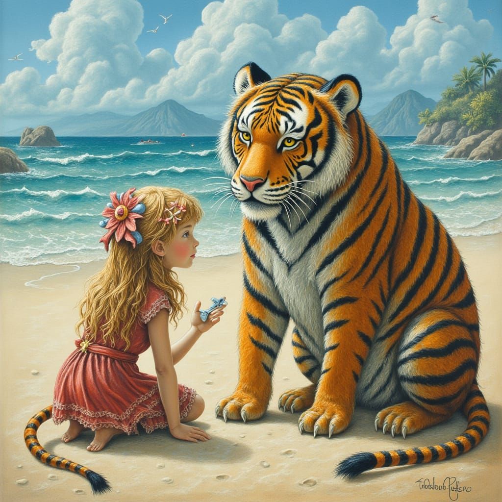 Girl and Tiger on the Beach, in Dark Voodoo Style