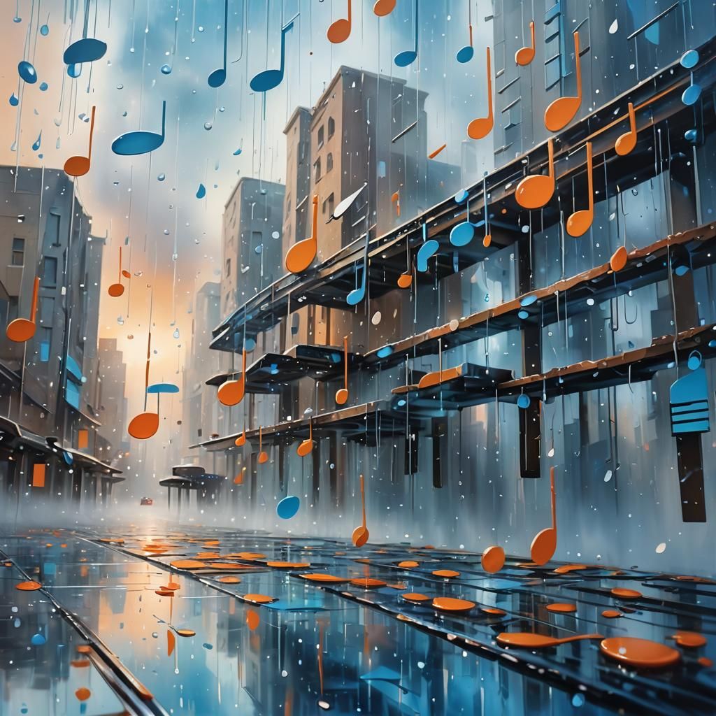 Rain of Musical Notes in a City, Surreal Oil Painting