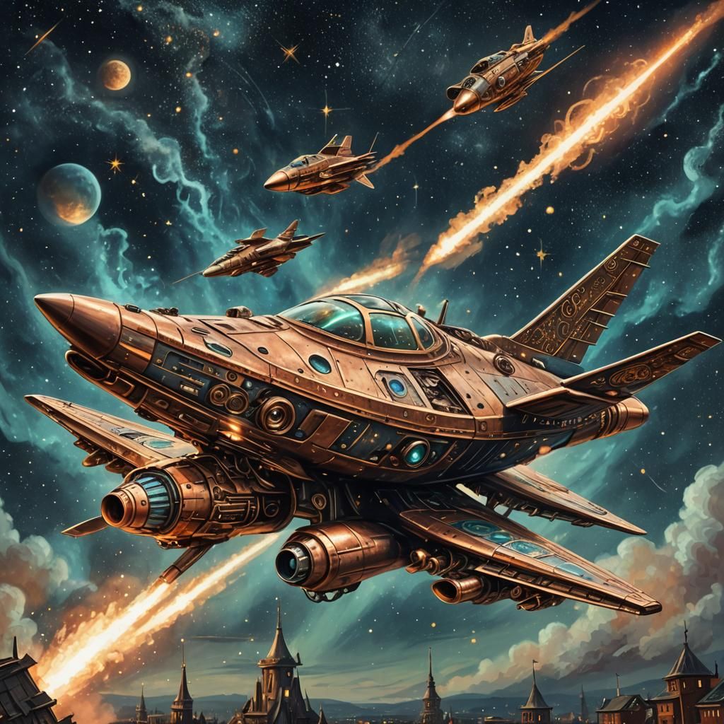 Steampunk UFO Evading Jet Fighter in Astral Sky