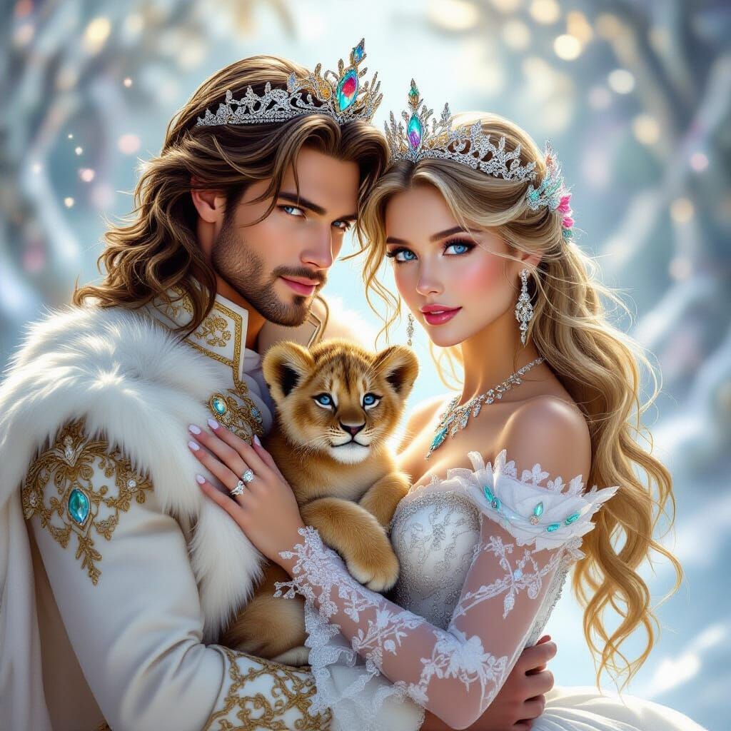 Fantasy Princess and Prince with Lion Cub in Oasis