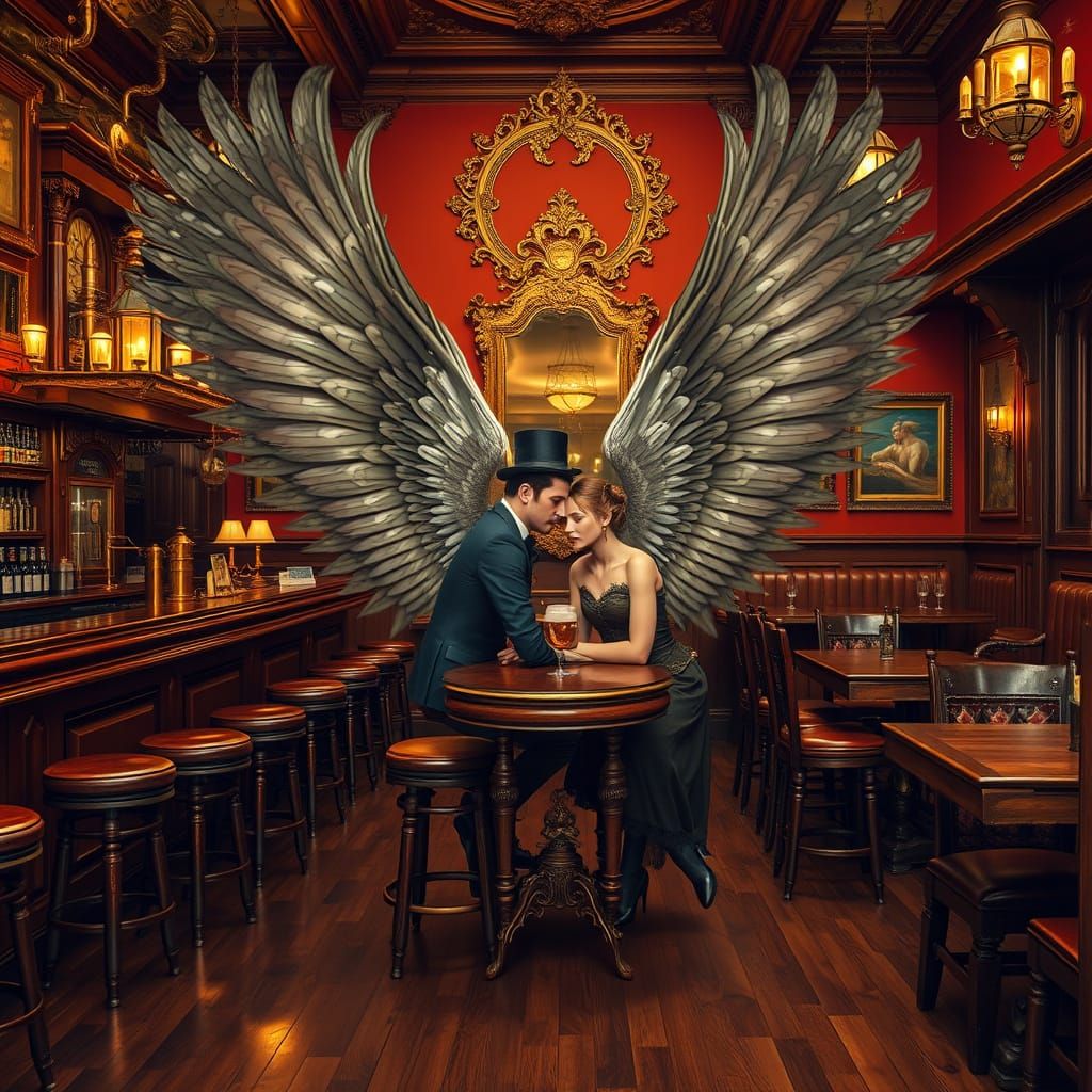 Steampunk Irish Pub with Dark Wood Floors and Brass Fixtures