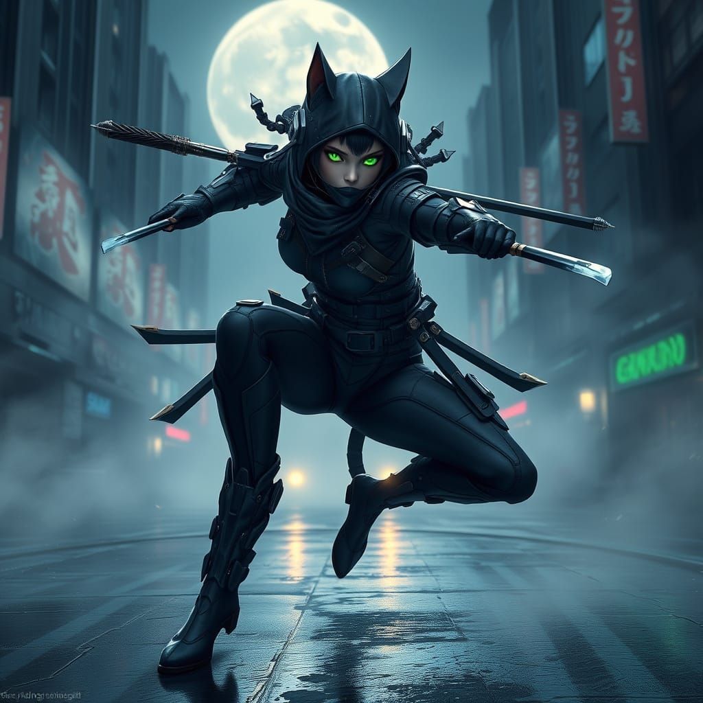 Cyberpunk Cat Ninja in Stealth Mode