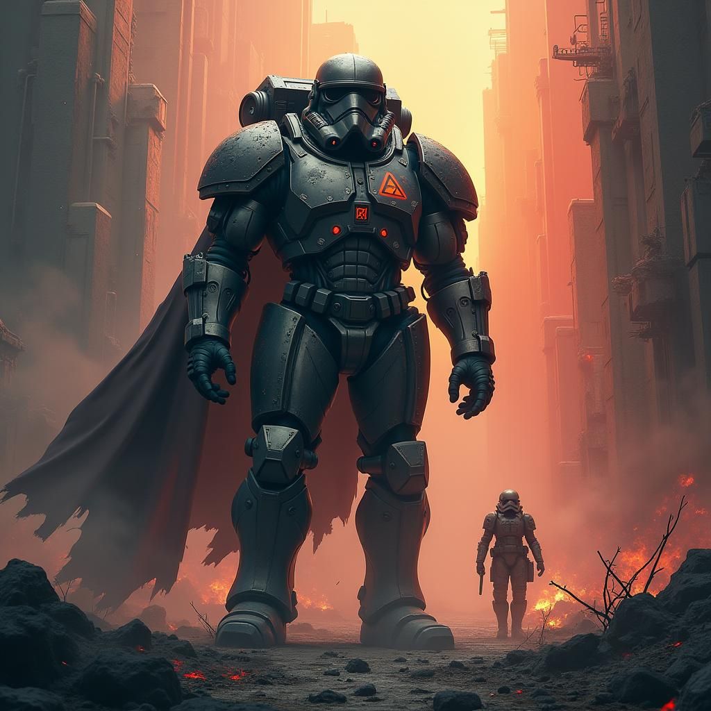Menacing Armored Space Marine in War-Torn Setting