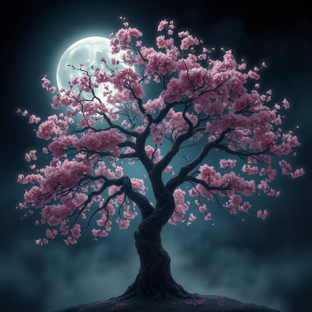 Ethereal Chinese Cherry Tree Under Mystical Moonlight