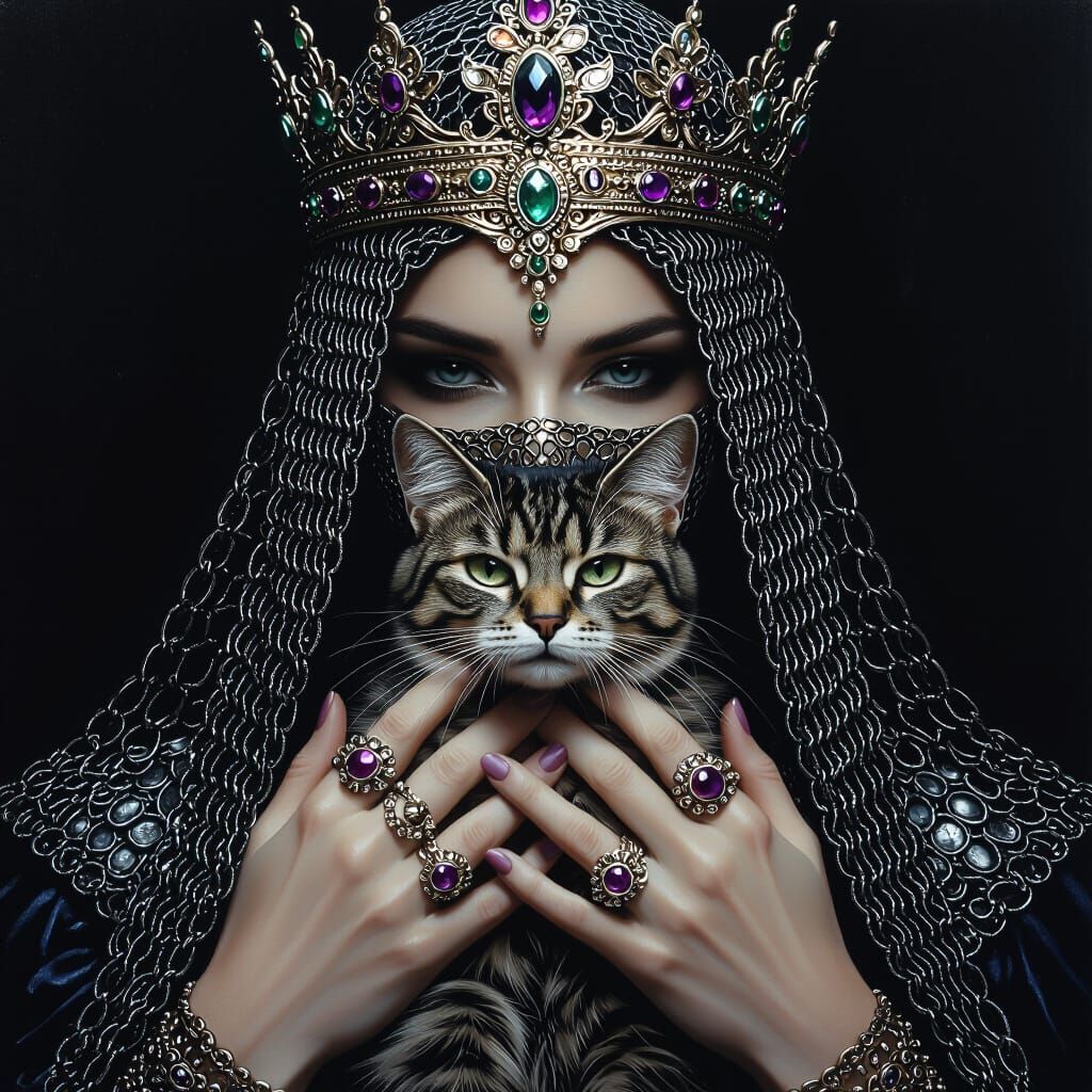 Regal Figure with Jeweled Crown and Cat