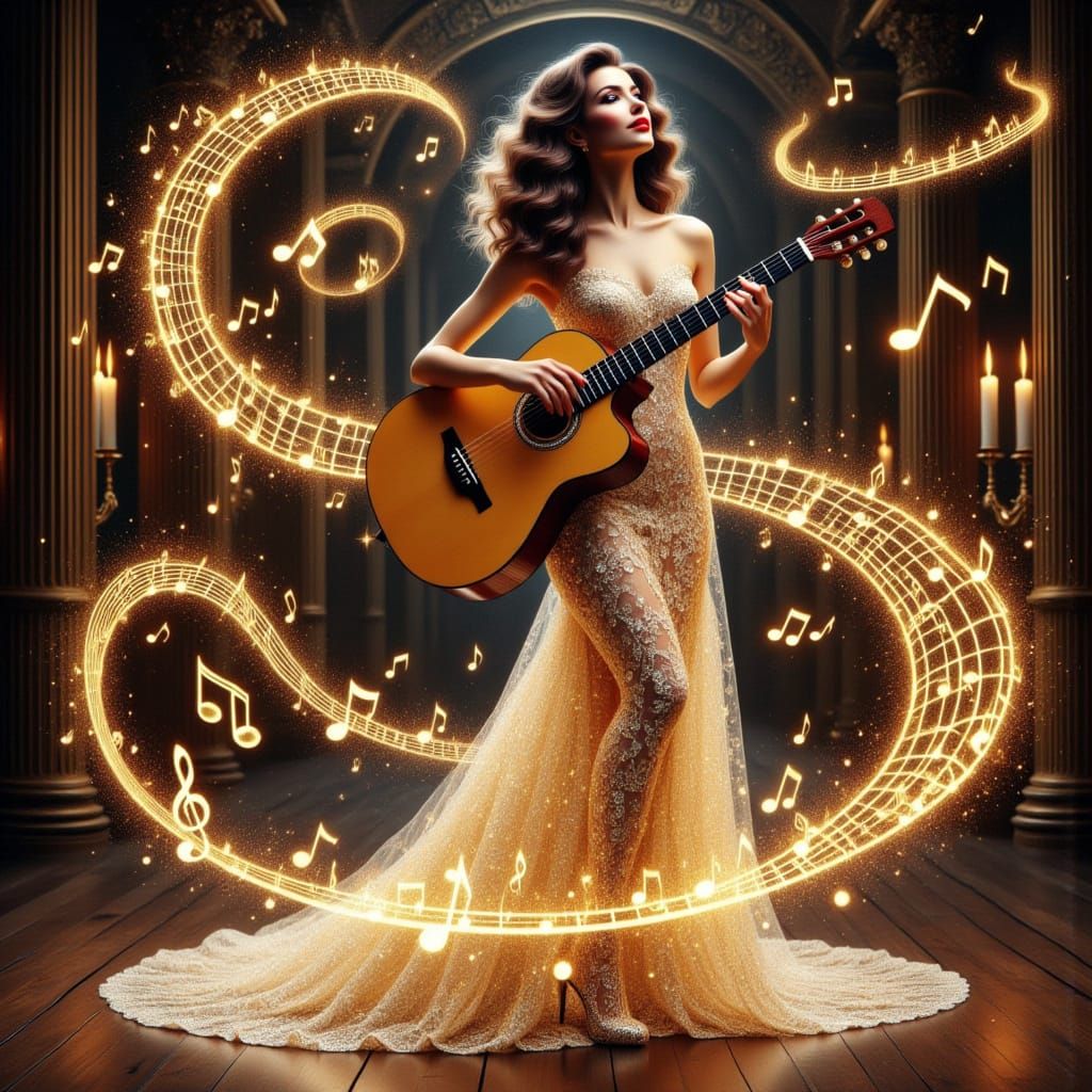 Enchanting Musician Goddess in Luminous Music Note Gown