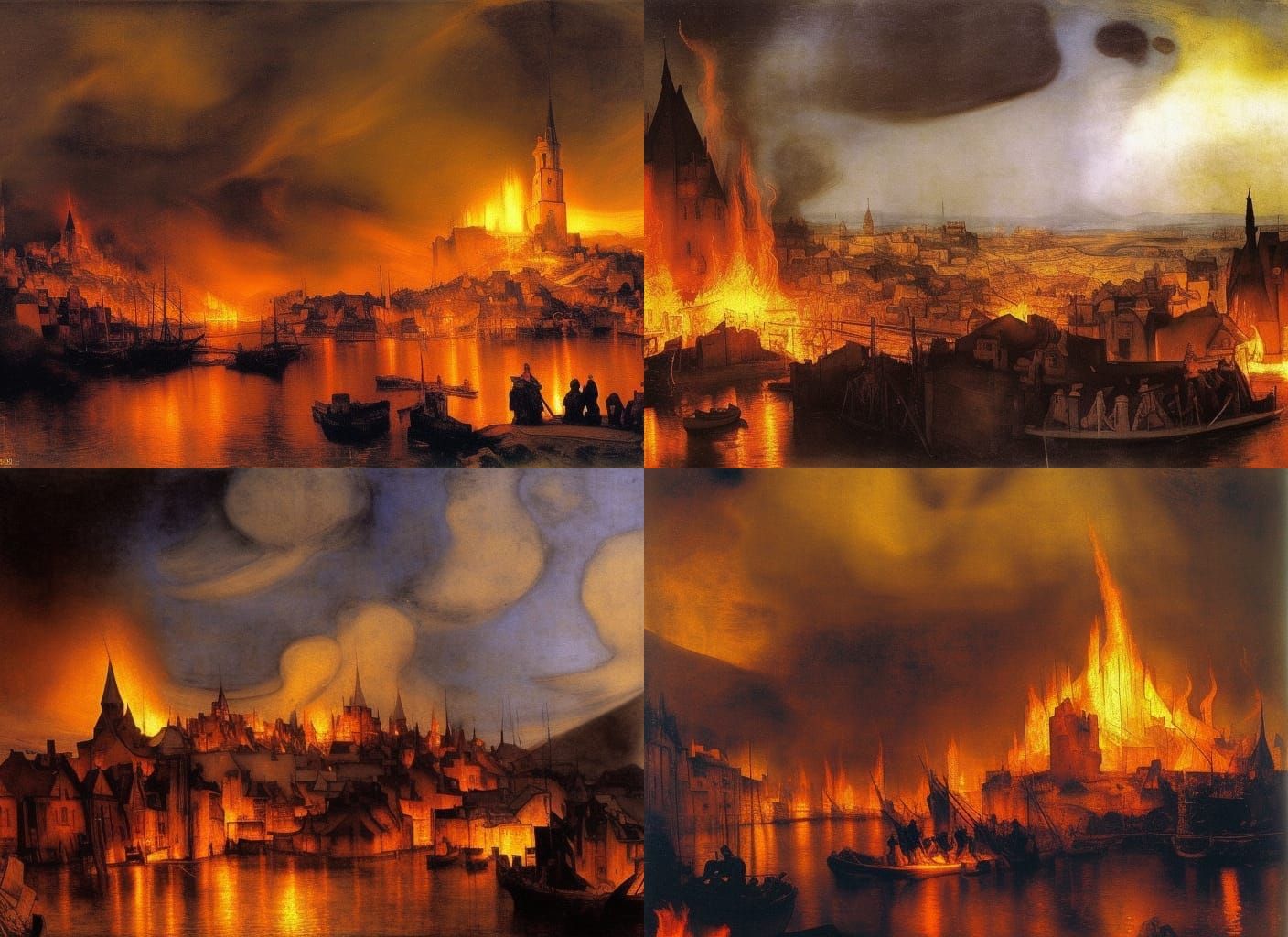 Medieval City Ablaze: Dramatic Oil Painting