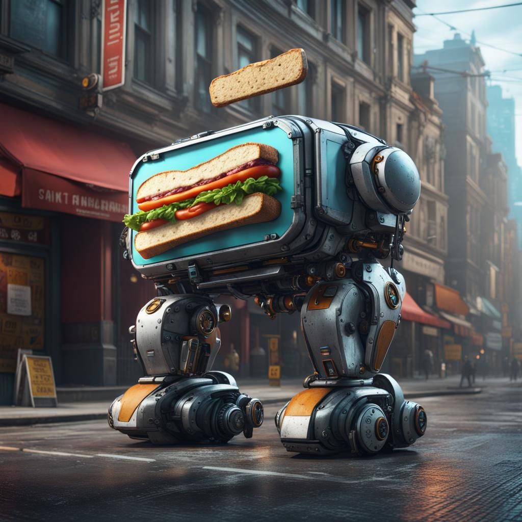 Robotic Sandwich in Street: Fantasy Concept Art