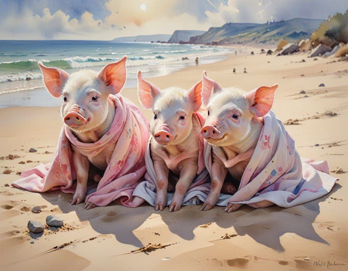 Piglets in Blankets: Impressionist Watercolor Painting
