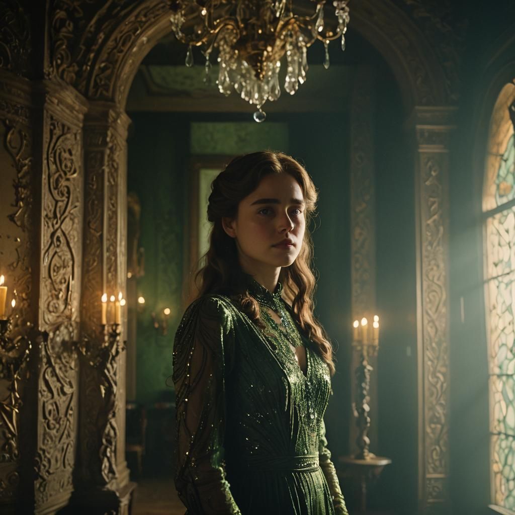 Elegant Woman in Ornate Room, Vintage Cinematic Style