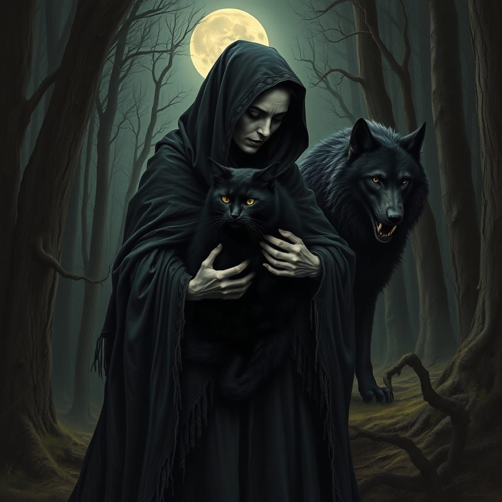 Sorceress Cradles Majestic Black Cat as Regal Black Wolf Wat...