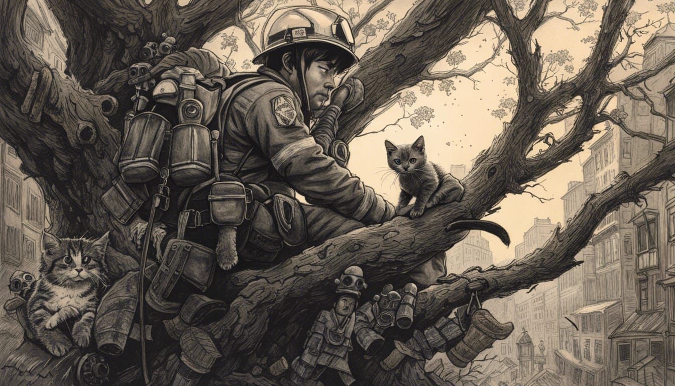 Firefighter Rescues Kitten: Hyperdetailed Charcoal Drawing