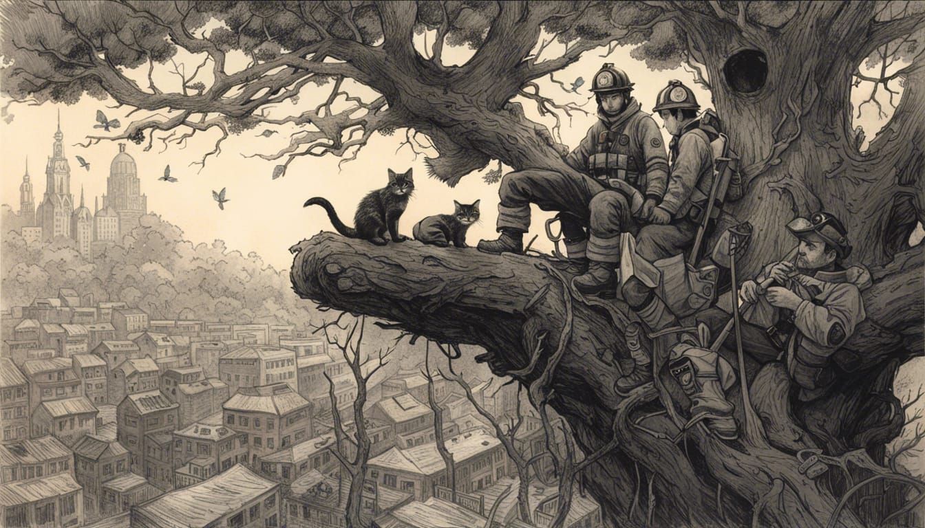 Firefighter Saves Kitten: Hyperdetailed Charcoal Drawing