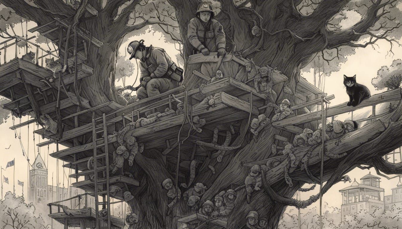 Firefighter Rescues Kitten: Hyperdetailed Charcoal Drawing
