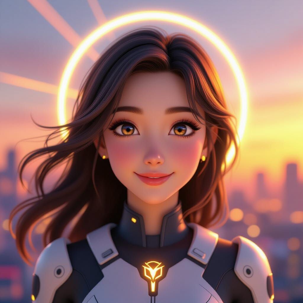 Beautiful Anime Woman in Futuristic Cityscape