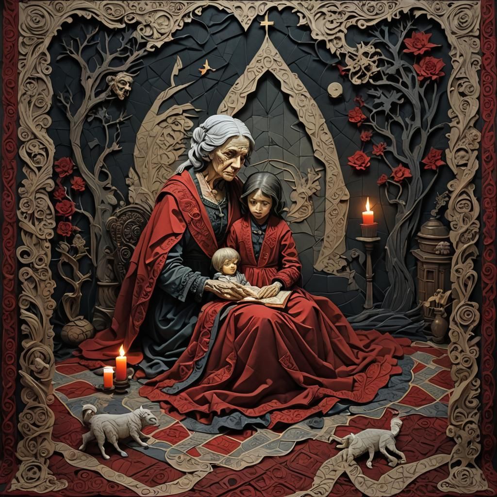 Eerie Grandmother and Child in Doré-Inspired Horror