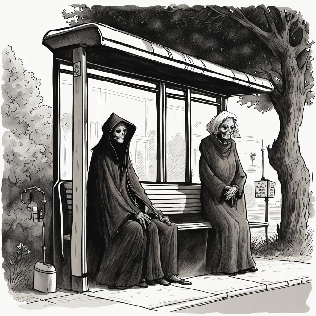 Grim Reaper and Old Lady at Bus Stop