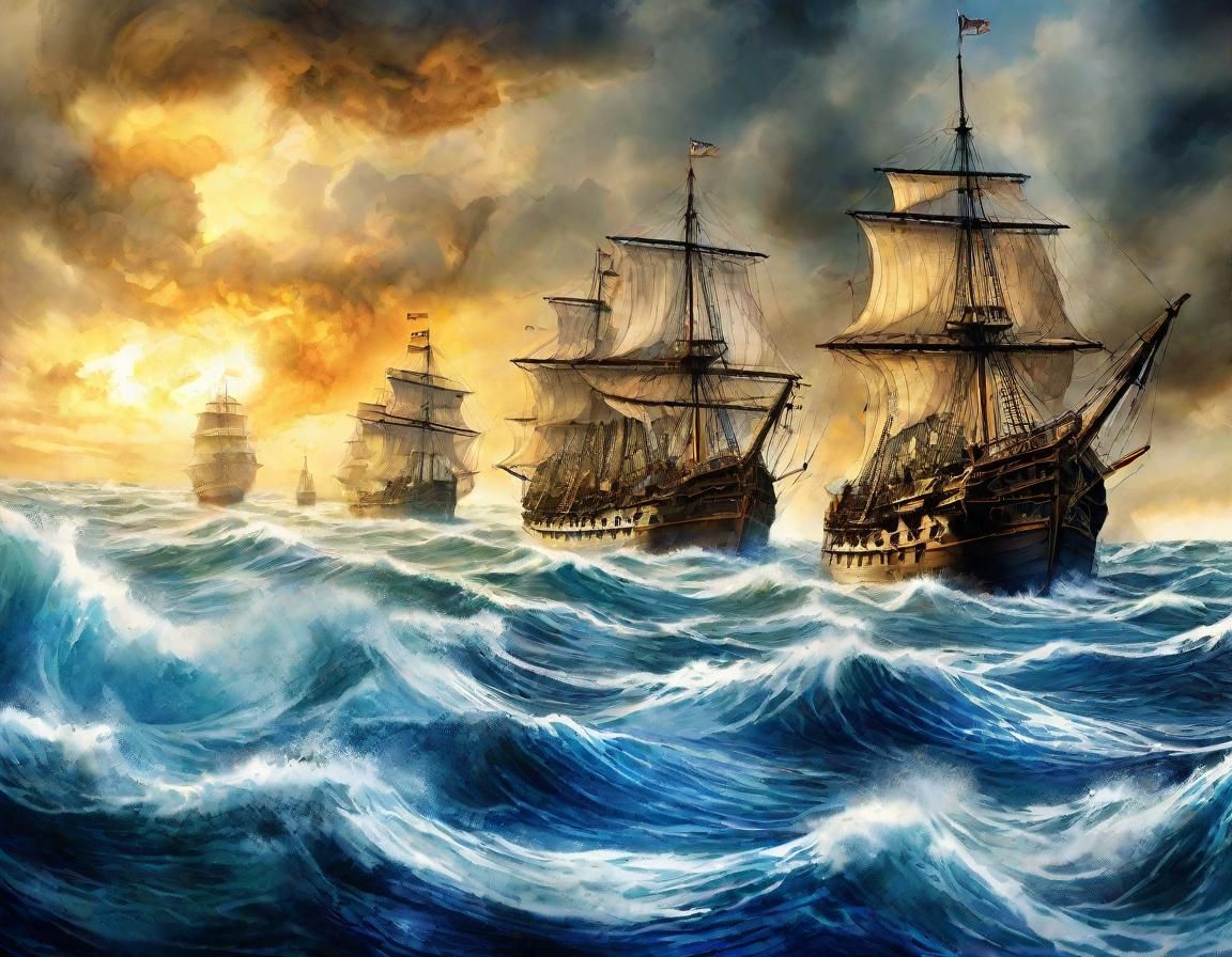 Fantastical Naval Battle on Crinkled Paper in Intricate Ink....